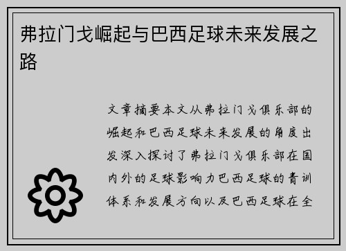 弗拉门戈崛起与巴西足球未来发展之路